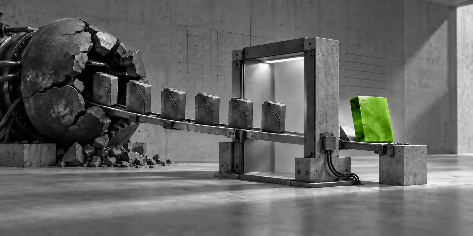Seis cápsulas metálicas emergen de una máquina fracturada, atraviesan un pórtico de control y desembocan en una única placa verde.