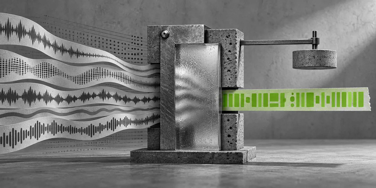 Varias ondas de voz atraviesan una máquina de vidrio, metal y hormigón y salen como una cinta verde ordenada.