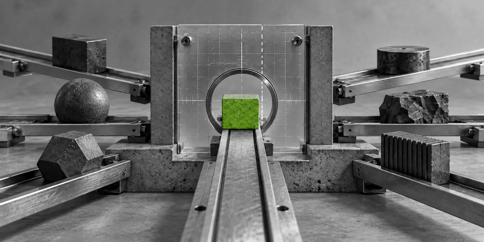 Banco de calibración en blanco y negro que reúne piezas distintas ante un único patrón de medida, con un bloque verde validado en el centro.
