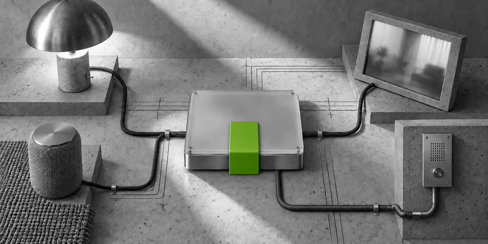 Un nodo doméstico de metal y vidrio conecta una lámpara, un altavoz, una pantalla y un interfono mediante cables; una placa verde marca el punto de control.