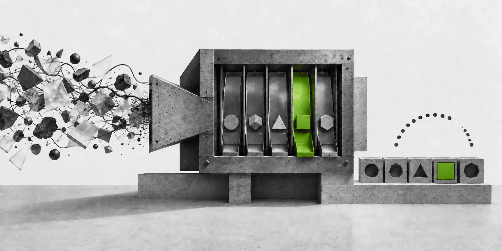 Fragmentos, cables y piezas grises entran en una máquina de cinco carriles; un carril verde desemboca en una opción seleccionada.
