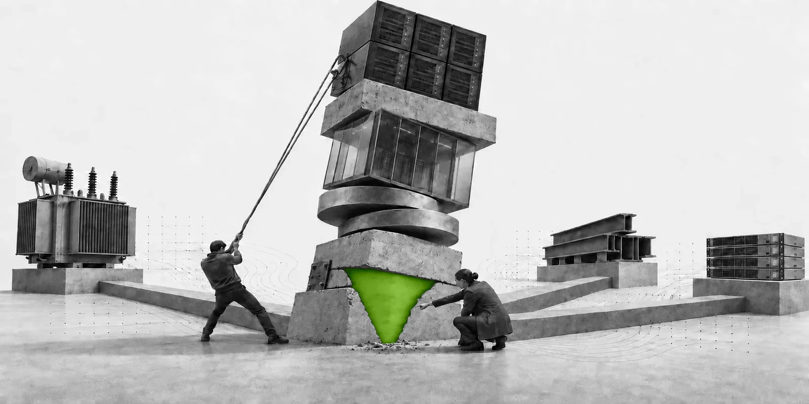Dos personas apuntalan una torre inclinada de servidores, hormigón y vidrio sobre una fractura verde conectada con energía, construcción y hardware.