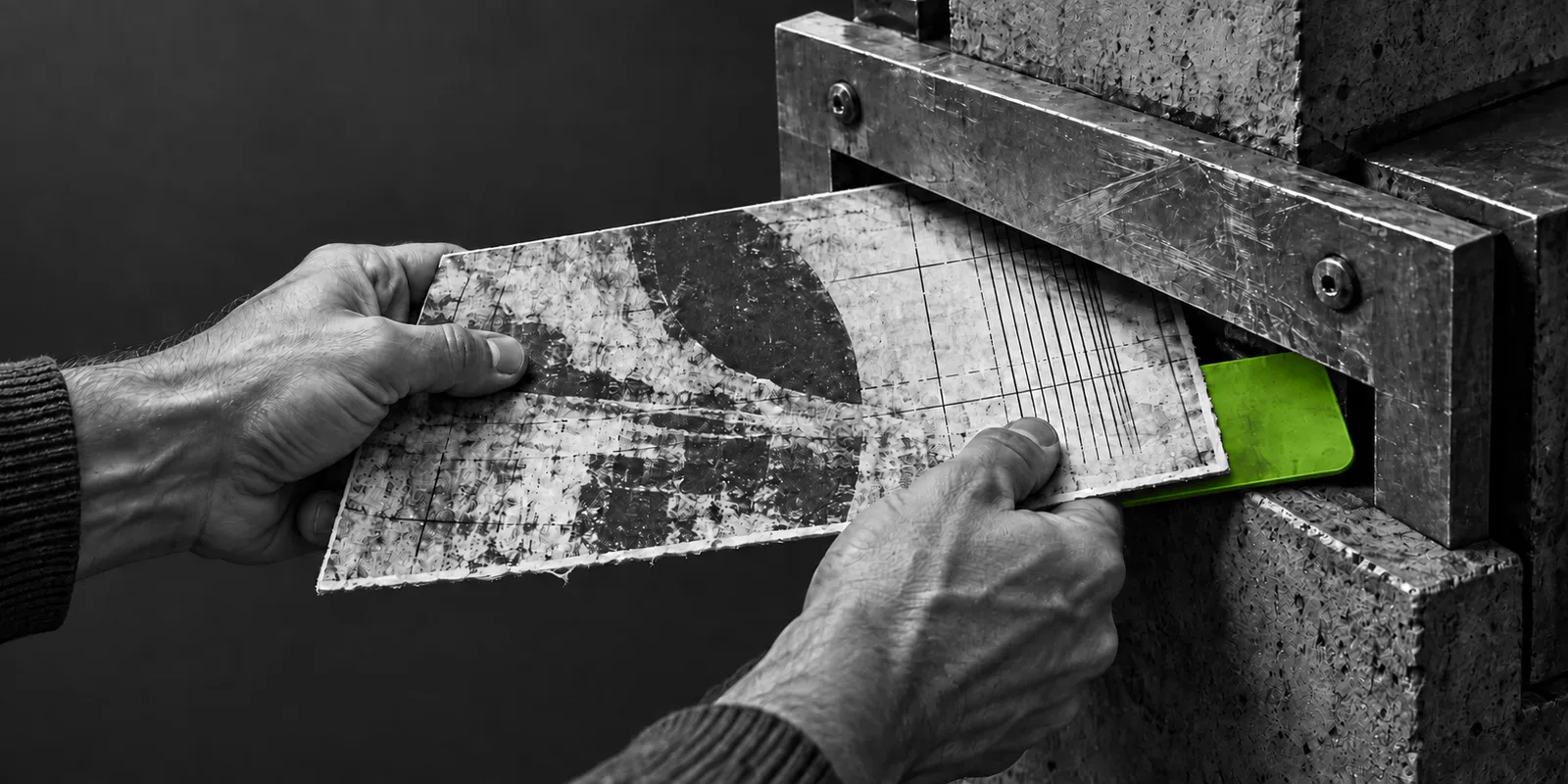 Dos manos en blanco y negro retienen una obra abstracta mientras una mordaza metálica la arrastra junto a una pestaña verde.