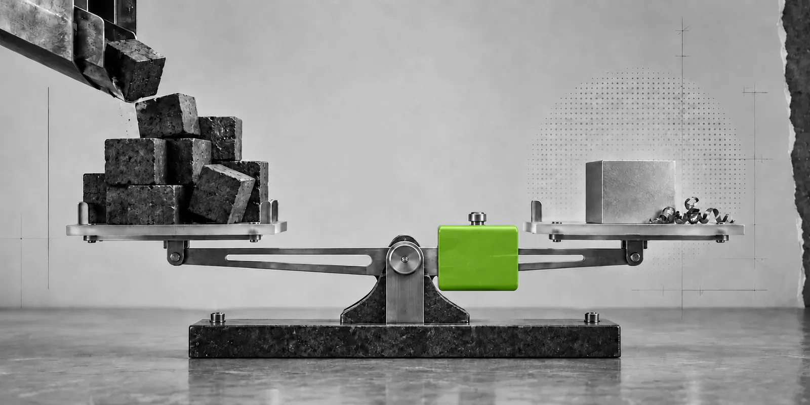 Una balanza compara una pila de bloques negros con una pieza terminada; un contrapeso verde marca el equilibrio.