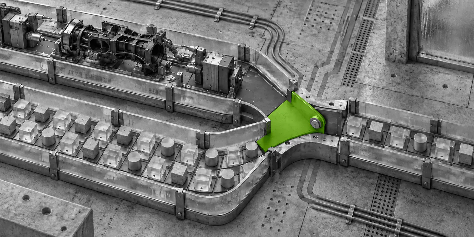 Dos líneas industriales separan una pieza compleja de una serie de módulos; una compuerta verde dirige el flujo.