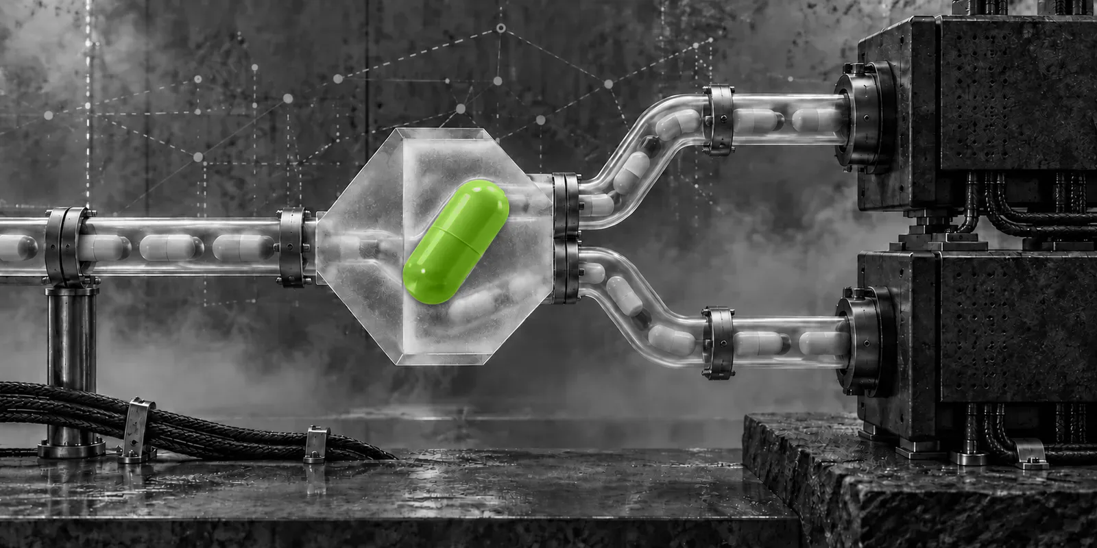 Un prisma transparente revela el desvío de cápsulas entre dos conductos; una cápsula verde señala la trazabilidad.