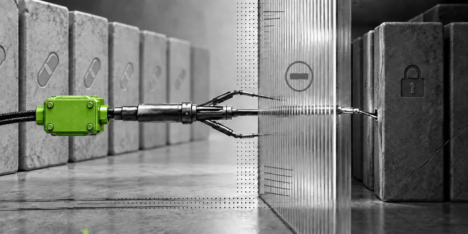 Una sonda metàl·lica travessa una mampara de permisos mentre un relé verd d’avís queda enrere al cable.