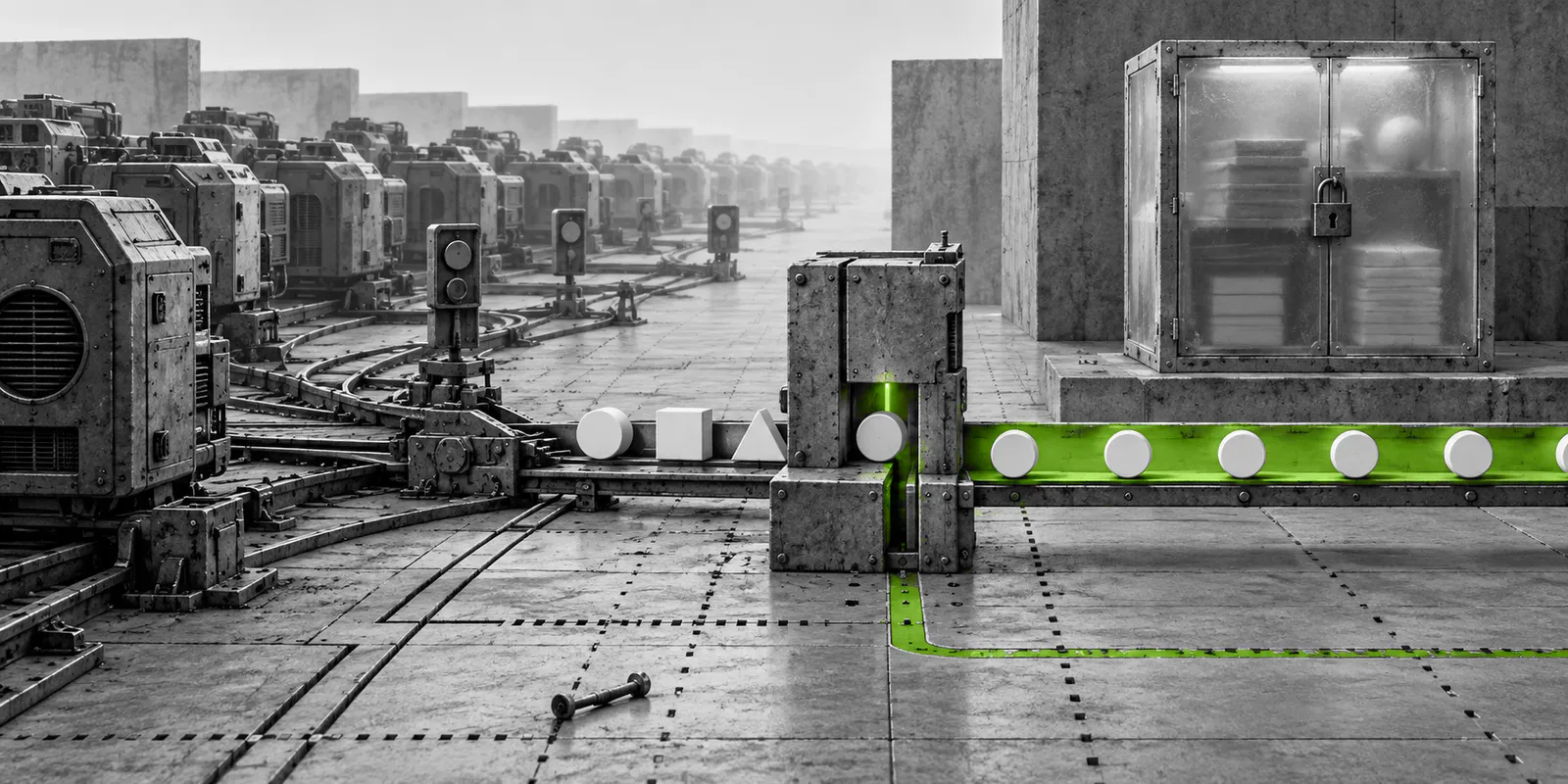 Una compuerta compacta desvía piezas geométricas por un carril verde mientras grandes máquinas esperan y un armario cerrado sugiere datos aún no auditados.