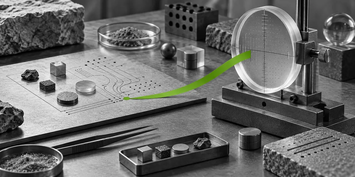 Una línia verda connecta traces de treball amb un instrument de mesura sobre una taula tècnica.