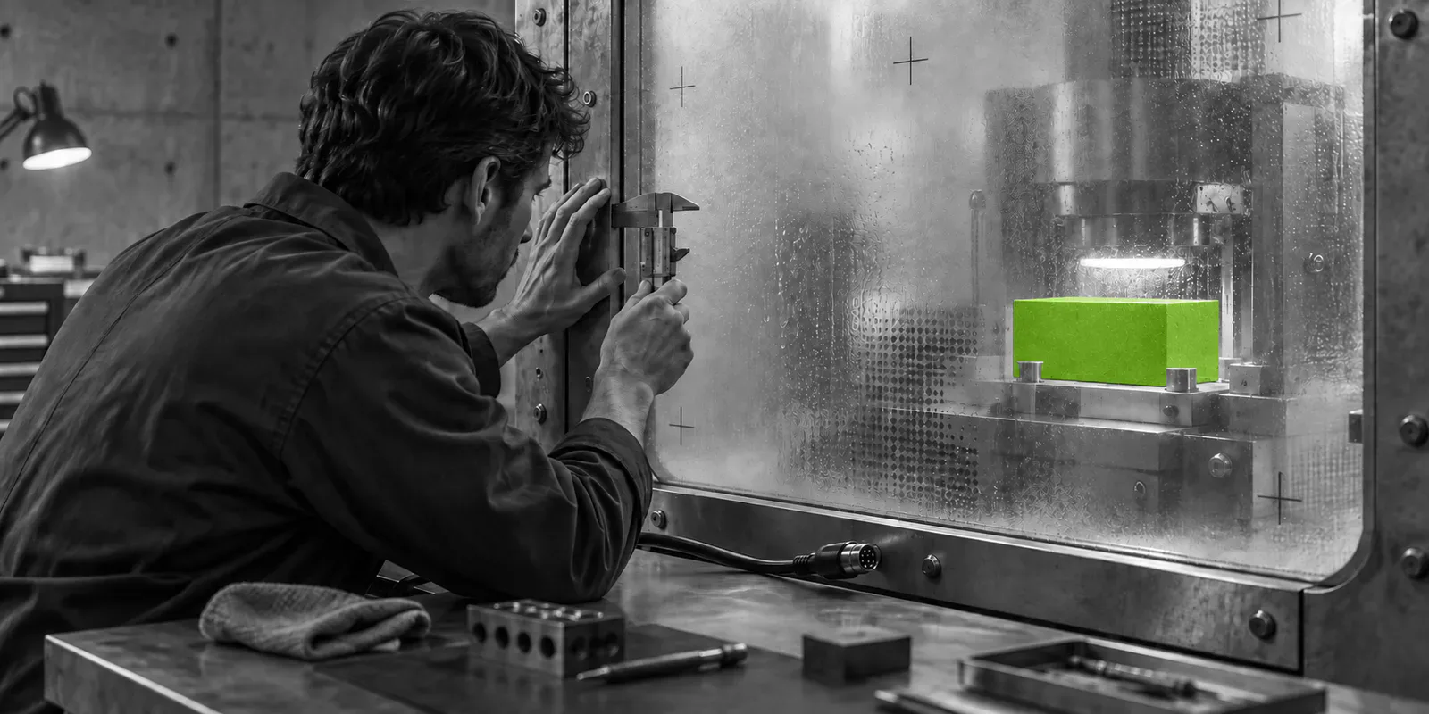 Un evaluador mide desde fuera una cámara sellada que contiene un bloque verde inaccesible.