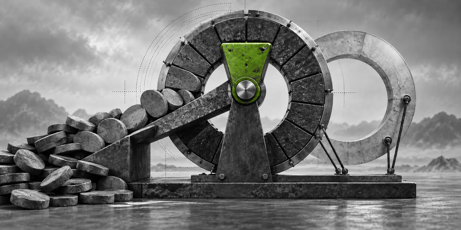 Un pivote verde bloquea un gran mecanismo circular mientras numerosas fichas grises se acumulan a un lado.