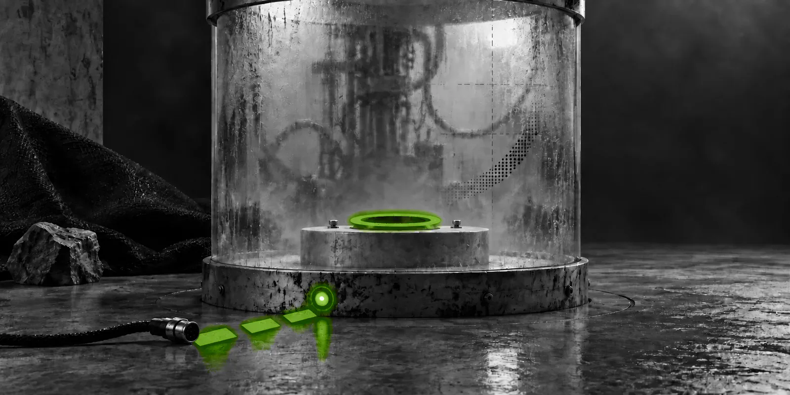 Una señal verde discontinua termina ante una cámara de vidrio vacía con un cable desconectado.
