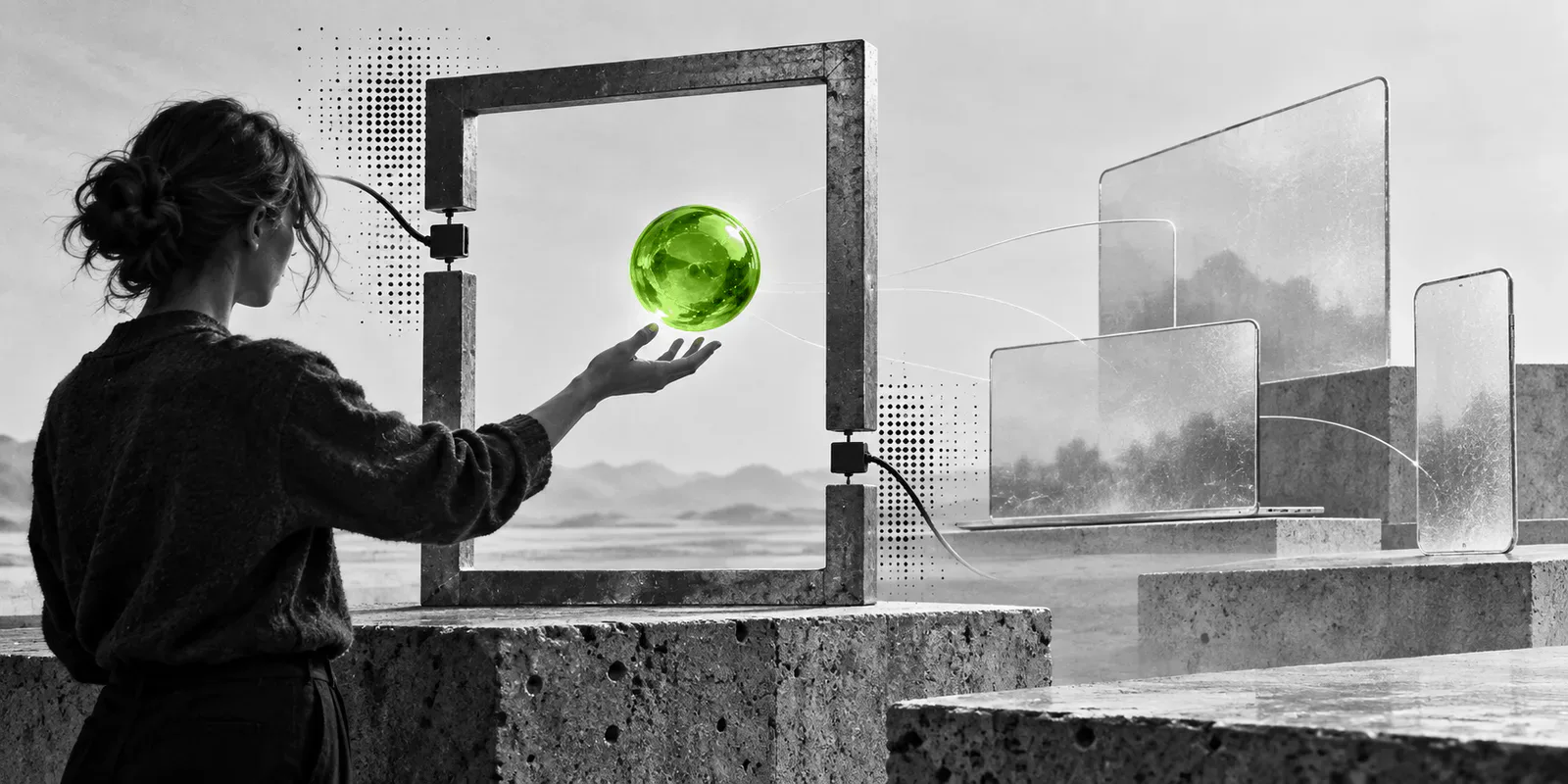 Una persona sostiene una esfera verde ante un marco abierto y varias placas de vidrio.