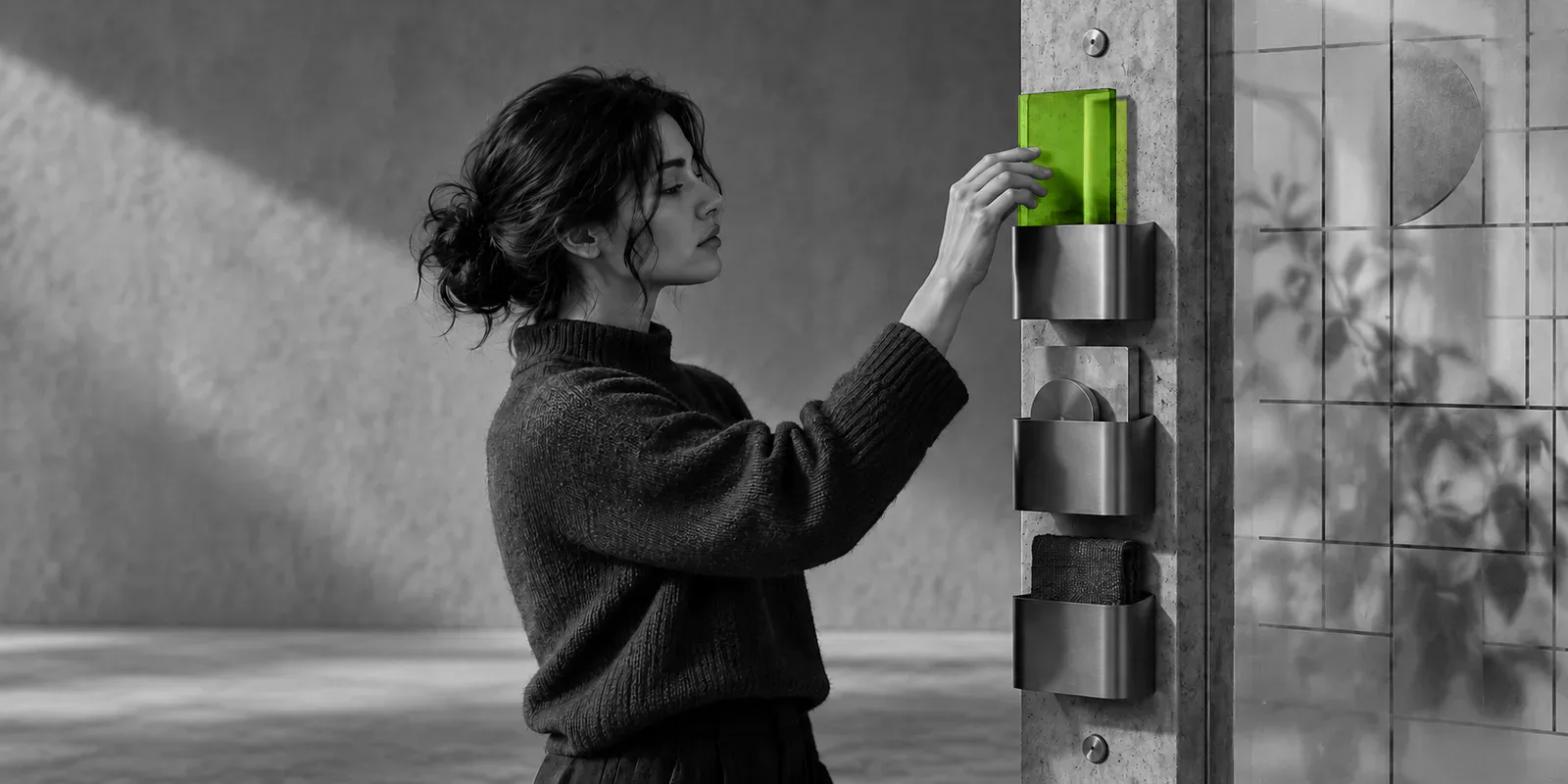 Una persona coloca una pieza verde en uno de los compartimentos fijados a una columna.