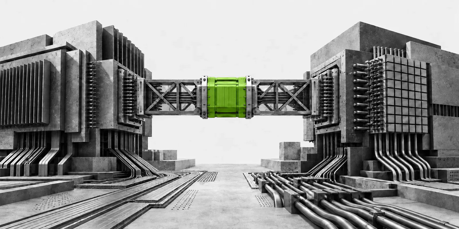 Dos grandes sistemas de cómputo en blanco y negro quedan unidos por un acoplamiento modular verde.