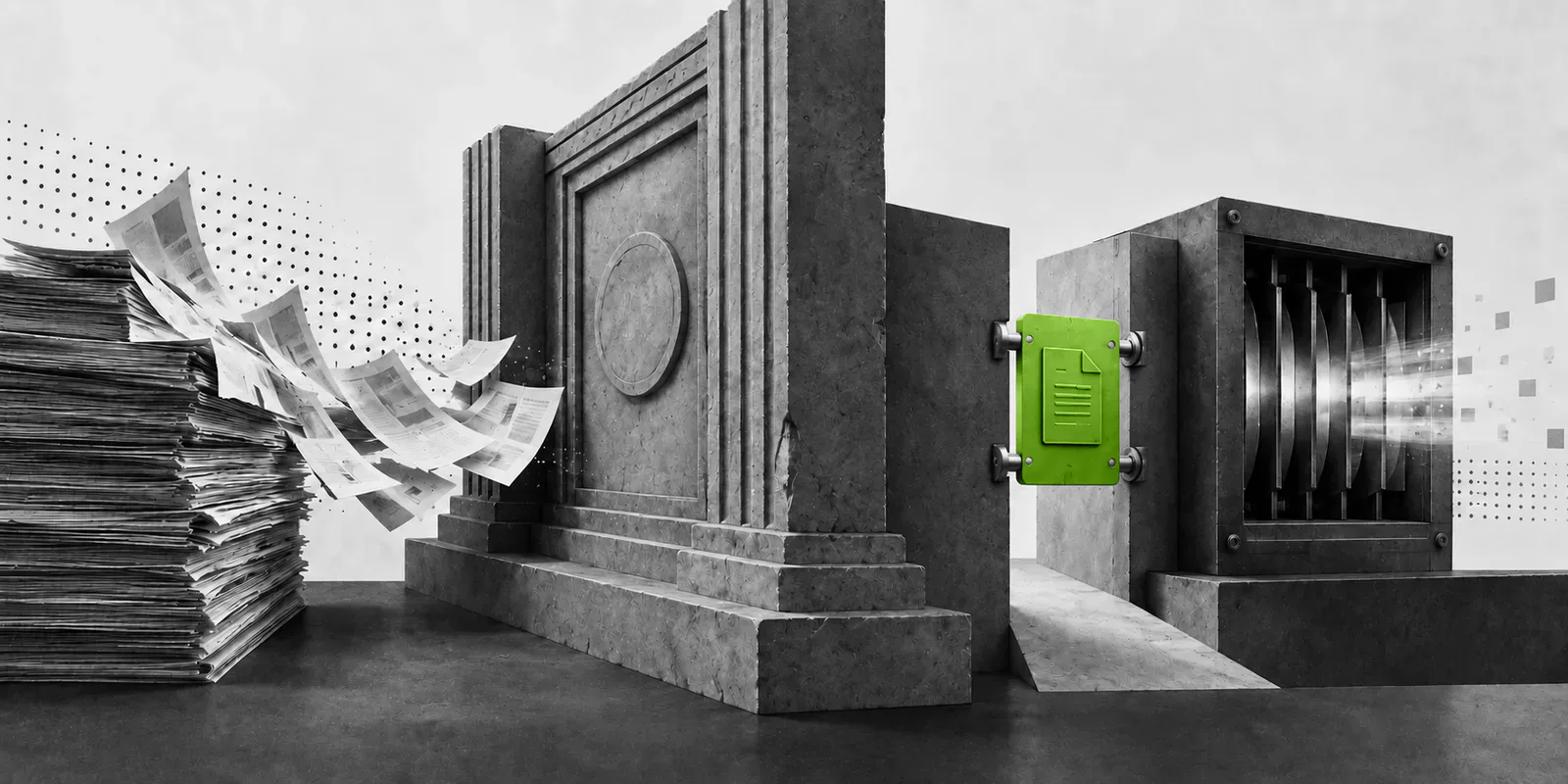 Una pila de páginas queda detenida ante un umbral de piedra, mientras una placa verde abre una vía lateral.