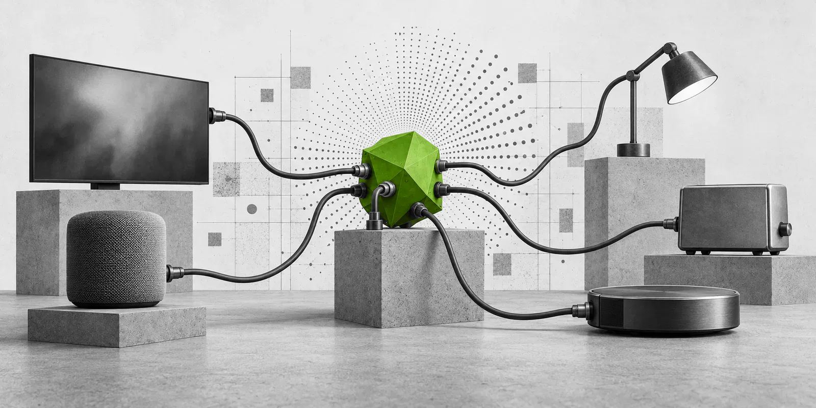 Un núcleo geométrico verde distribuye conexiones a varios aparatos domésticos en blanco y negro.
