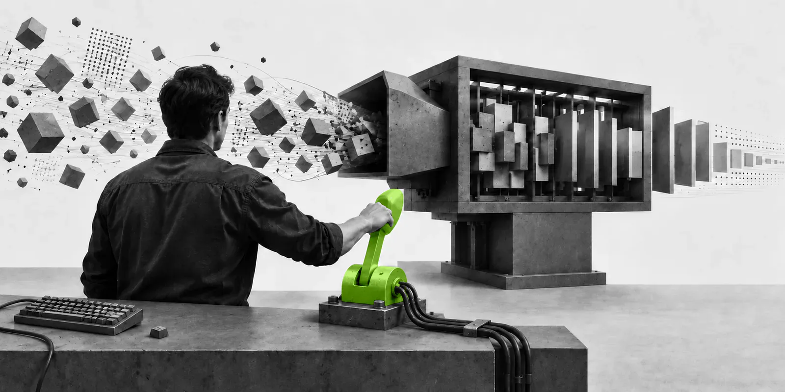 Un programador anónimo acciona una gran palanca verde que dirige una máquina de bloques abstractos.
