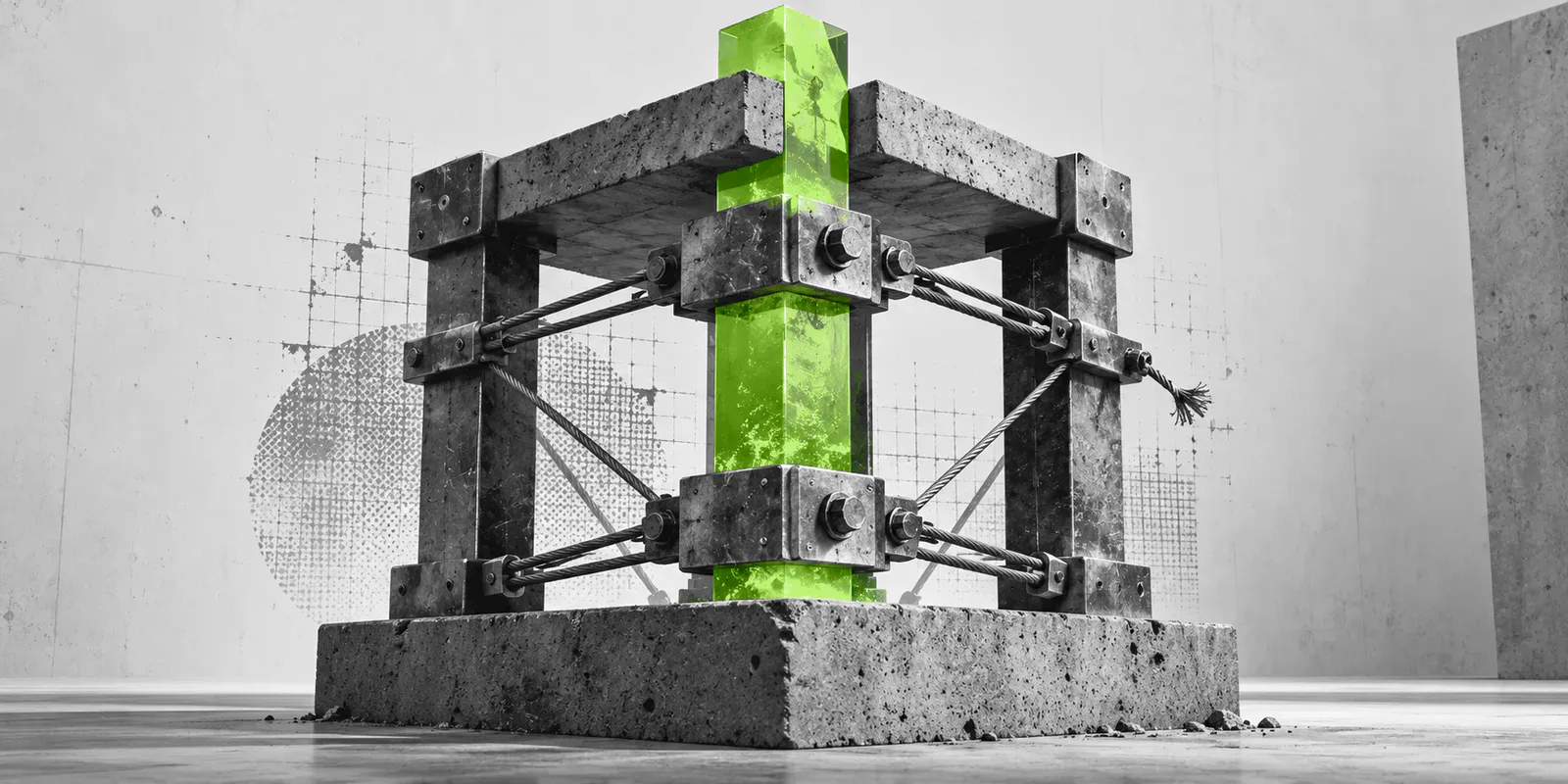 Una columna de vidrio verde crece dentro de un armazón de hormigón y acero sujeto por cables.