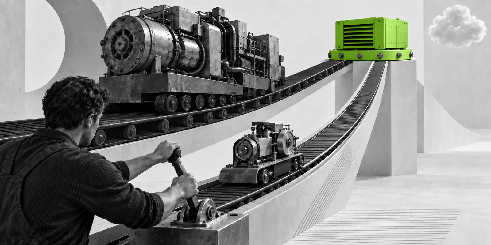 Un operario anónimo guía una máquina compacta por una vía hacia un módulo verde, junto a otra maquinaria de gran tamaño.