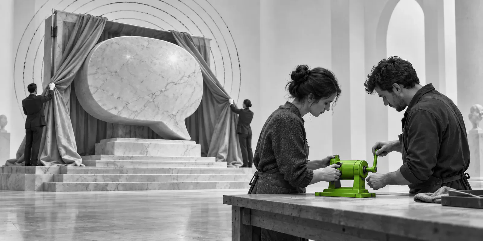 Dos personas manipulan una herramienta verde mientras, al fondo, otras desvelan un monumento con forma de bocadillo de diálogo.