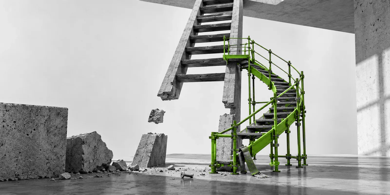 Una escalera de hormigón con peldaños inferiores rotos se conecta a los superiores mediante un andamio verde.
