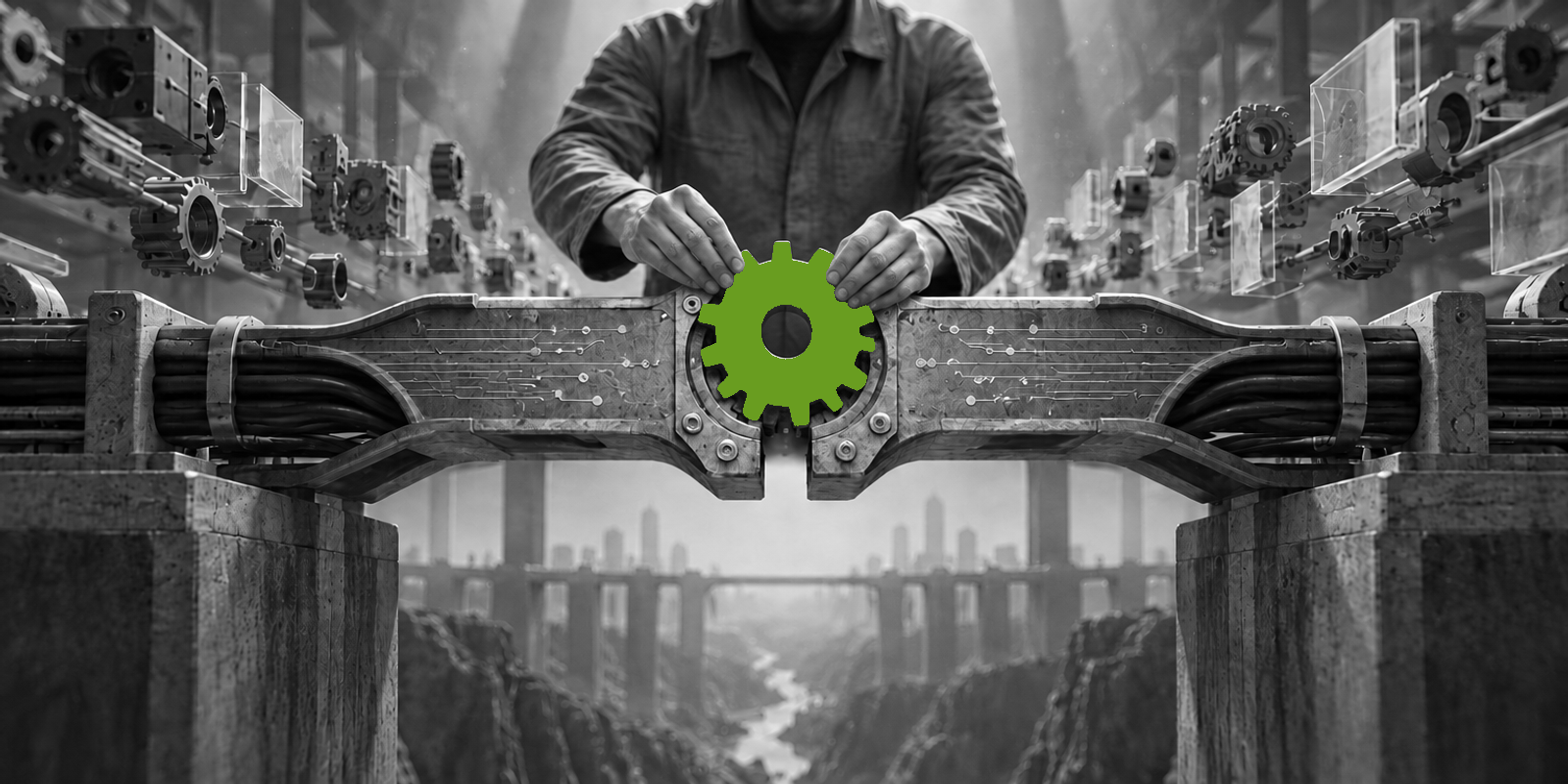 Fotografía surreal en blanco y negro de un adulto anónimo, vestido de gris, visto de cintura para arriba mientras coloca con ambas manos un engranaje verde en el centro de una gran estructura mecánica tipo puente; alrededor hay piezas y conductos metálicos grises, con textura táctil de metal cepillado y un patrón local de trazos tipo circuito saliendo del punto de inserción.