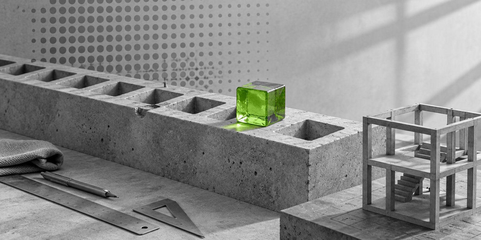 Una pieza de vidrio verde ocupa el último hueco disponible en un mostrador de hormigón, frente a una fila de moldes vacíos y pequeñas herramientas grises.