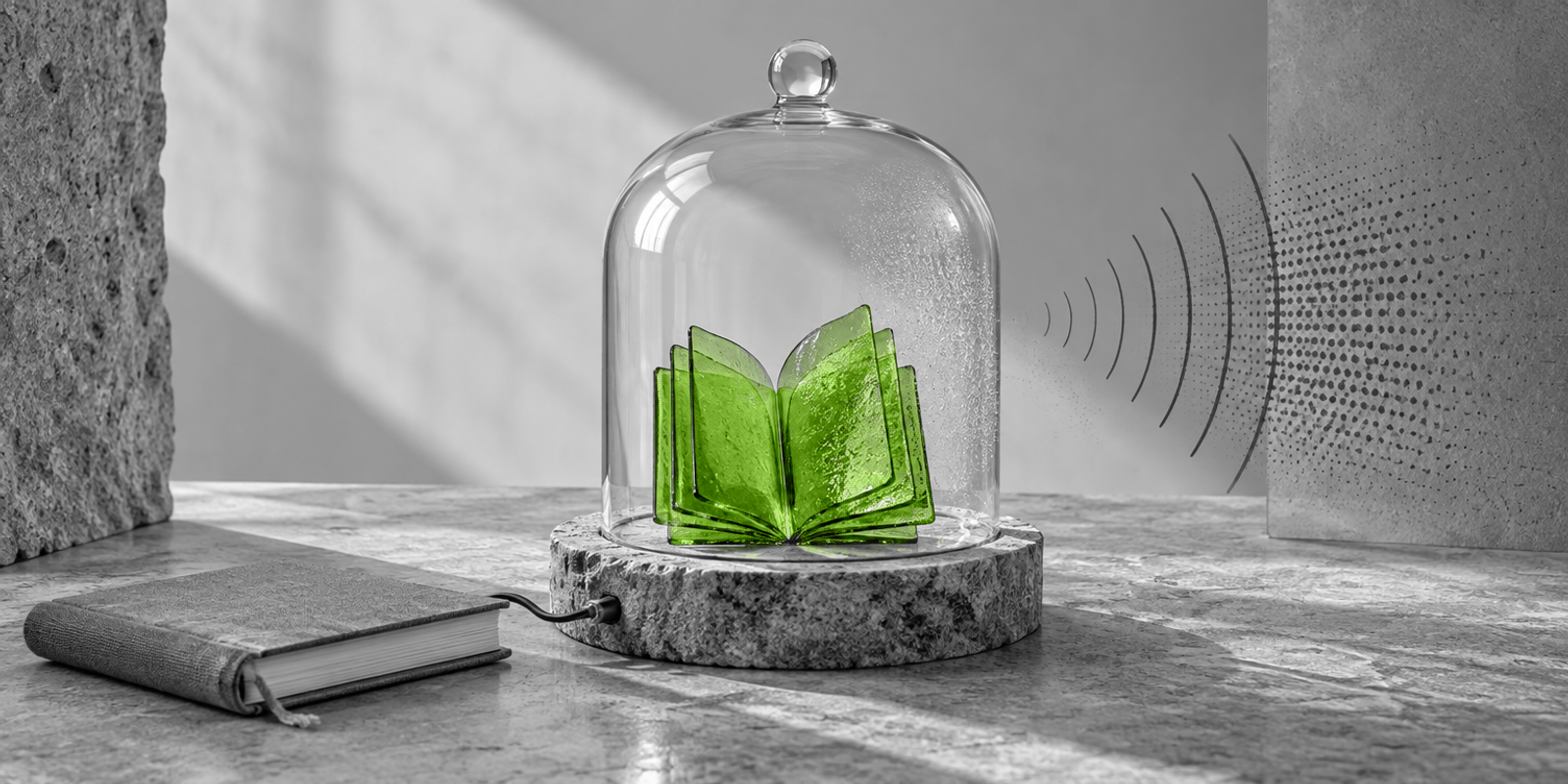Varias láminas de vidrio verde quedan protegidas bajo una campana transparente sobre piedra gris, junto a un cuaderno y trazos abstractos que evocan una conversación.