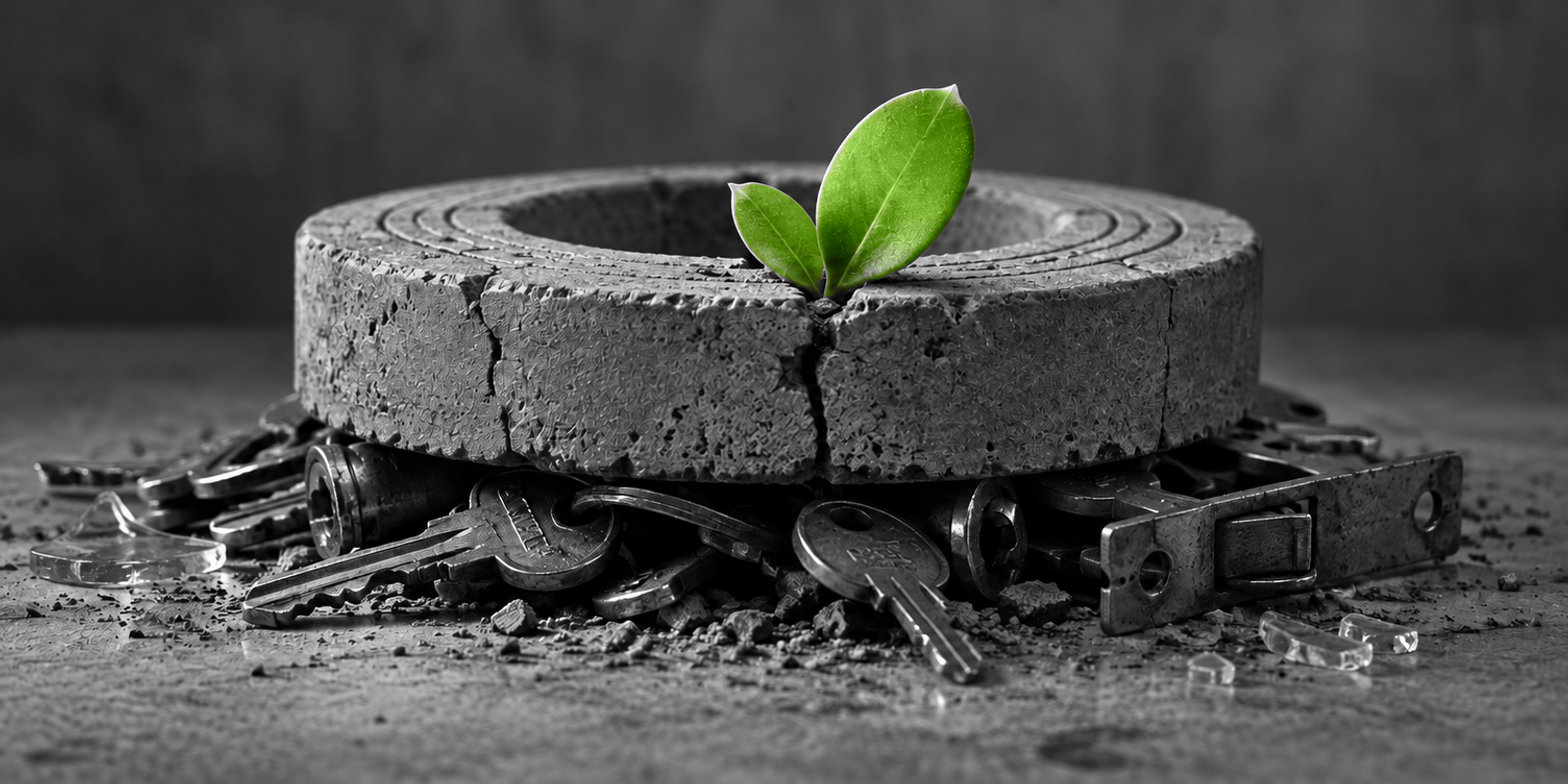 Naturaleza muerta fotográfica en blanco y negro de un anillo de hormigón gris agrietado que aplasta un montón de llaves y herrajes metálicos, con un pequeño brote suculento verde emergiendo de una grieta en el centro.