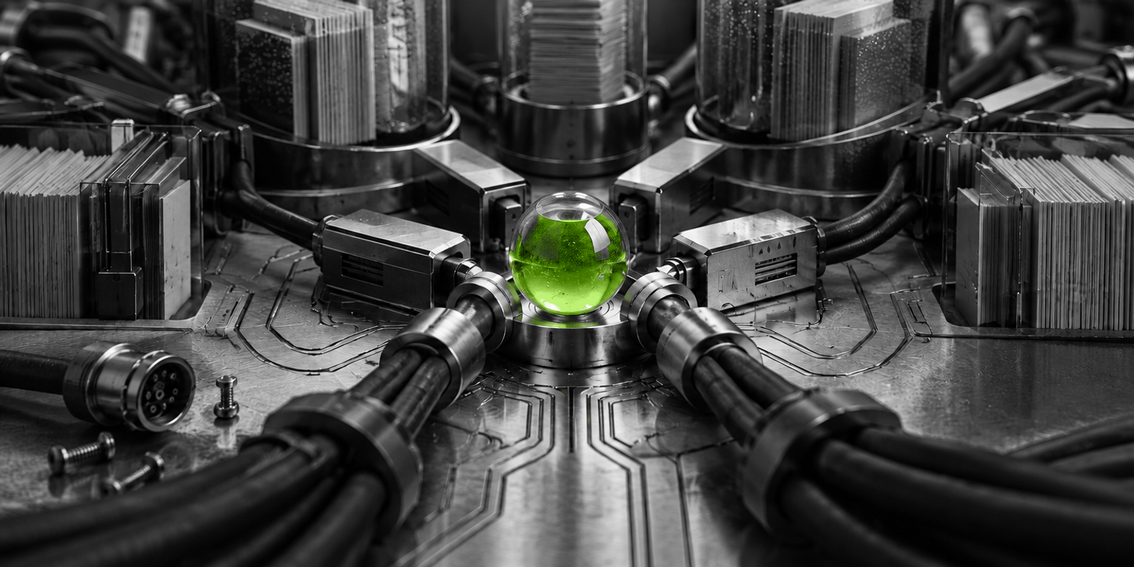 Una composición fotográfica en blanco y negro de una máquina abstracta de metal, cables y módulos mecánicos, con una pequeña esfera de vidrio verde translúcido en el centro como único color destacado; la superficie muestra arañazos, grabados tipo circuito y piezas conectadas alrededor del núcleo.