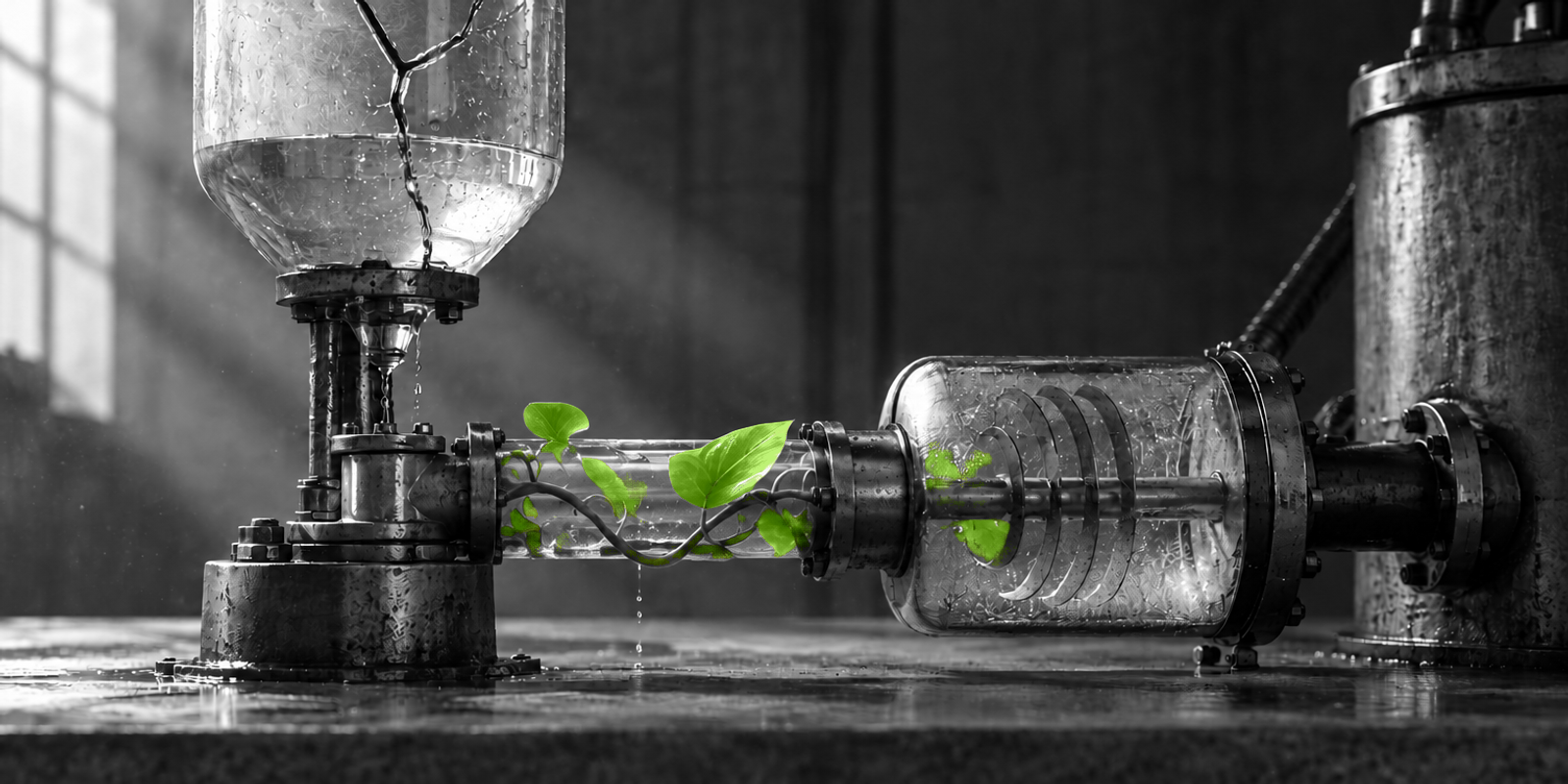 Naturaleza muerta fotográfica en blanco y negro de un sistema industrial de flujo con depósito, conducto de vidrio agrietado y cilindros metálicos, atravesado por una pequeña enredadera verde brillante como único foco de color.