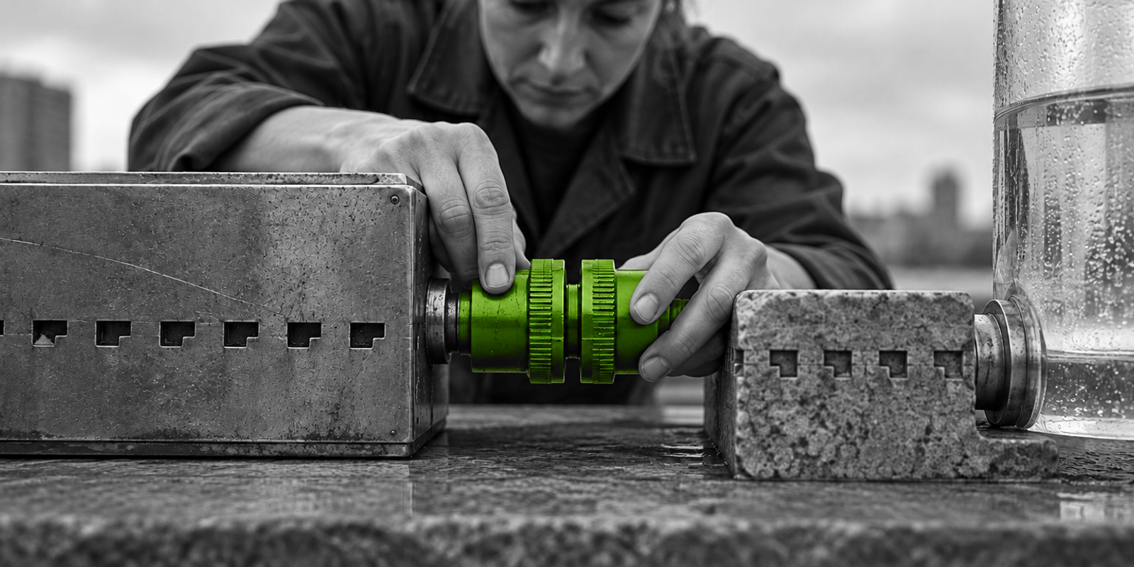 Fotografía en blanco y negro de un adulto anónimo, visto en primer plano y con gesto concentrado, encajando con ambas manos un acoplador mecánico verde brillante entre dos piezas grises de metal y piedra, junto a un cilindro de vidrio con condensación.