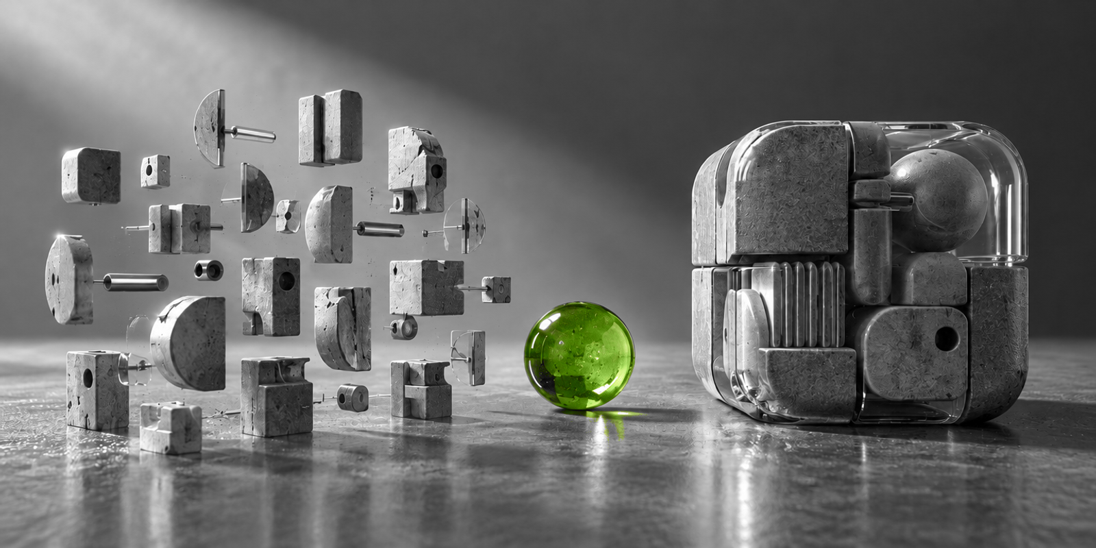 Composición surrealista en blanco y negro con módulos geométricos de piedra y vidrio: a la izquierda, muchas piezas pequeñas y separadas; a la derecha, un bloque compacto y cerrado. En el centro destaca una esfera translúcida verde brillante, con textura y reflejos reales, como único acento de color sobre un suelo oscuro y pulido.
