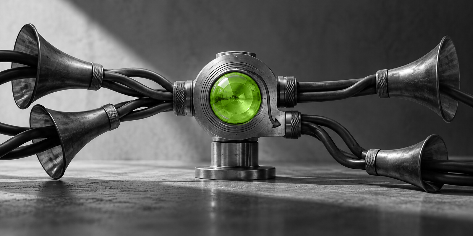 Fotografía conceptual en blanco y negro de un mecanismo de enrutamiento con tubos y cables negros que convergen hacia un selector metálico central, donde destaca una esfera de vidrio verde translúcido; los conductos salen hacia ambos lados como bocinas y la escena muestra metal cepillado, goma mate y textura industrial con una ligera marca direccional grabada junto al núcleo verde.