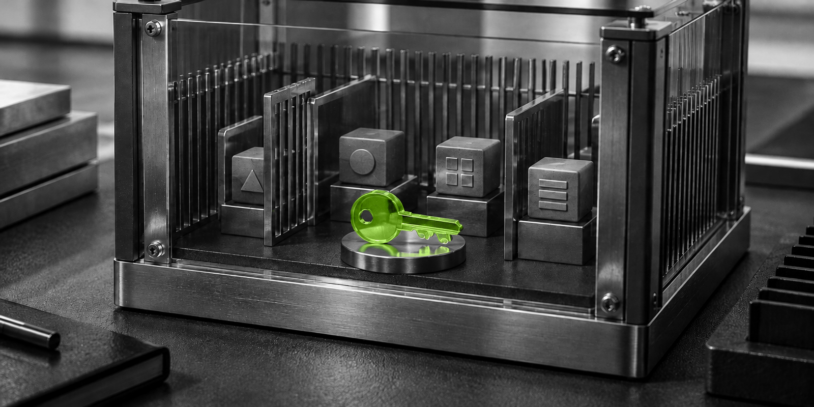 Llave de vidrio verde translúcido sobre una base metálica, dentro de una pequeña cámara de acero y vidrio con barreras verticales y bloques grises, en una composición monocroma tipo estudio.