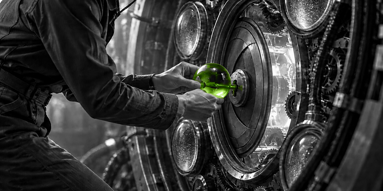 Fotografía conceptual en blanco y negro de un adulto anónimo, totalmente gris, inclinado hacia un gran mecanismo circular de lentes y engranajes mientras inserta con ambas manos una esfera de vidrio verde translúcido en un encaje central; el objeto verde destaca como foco visual sobre metal, vidrio y textura mecánica detallada.