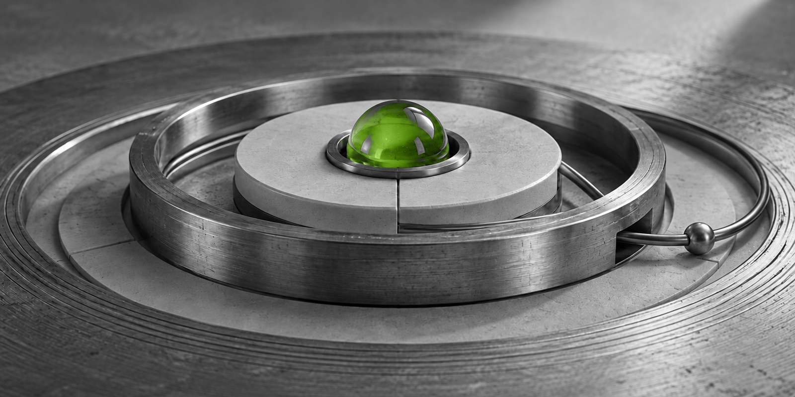Fotografía surrealista en blanco y negro de un mecanismo circular de metal y cerámica, con un núcleo esférico de vidrio verde translúcido en el centro y marcas concéntricas alrededor.