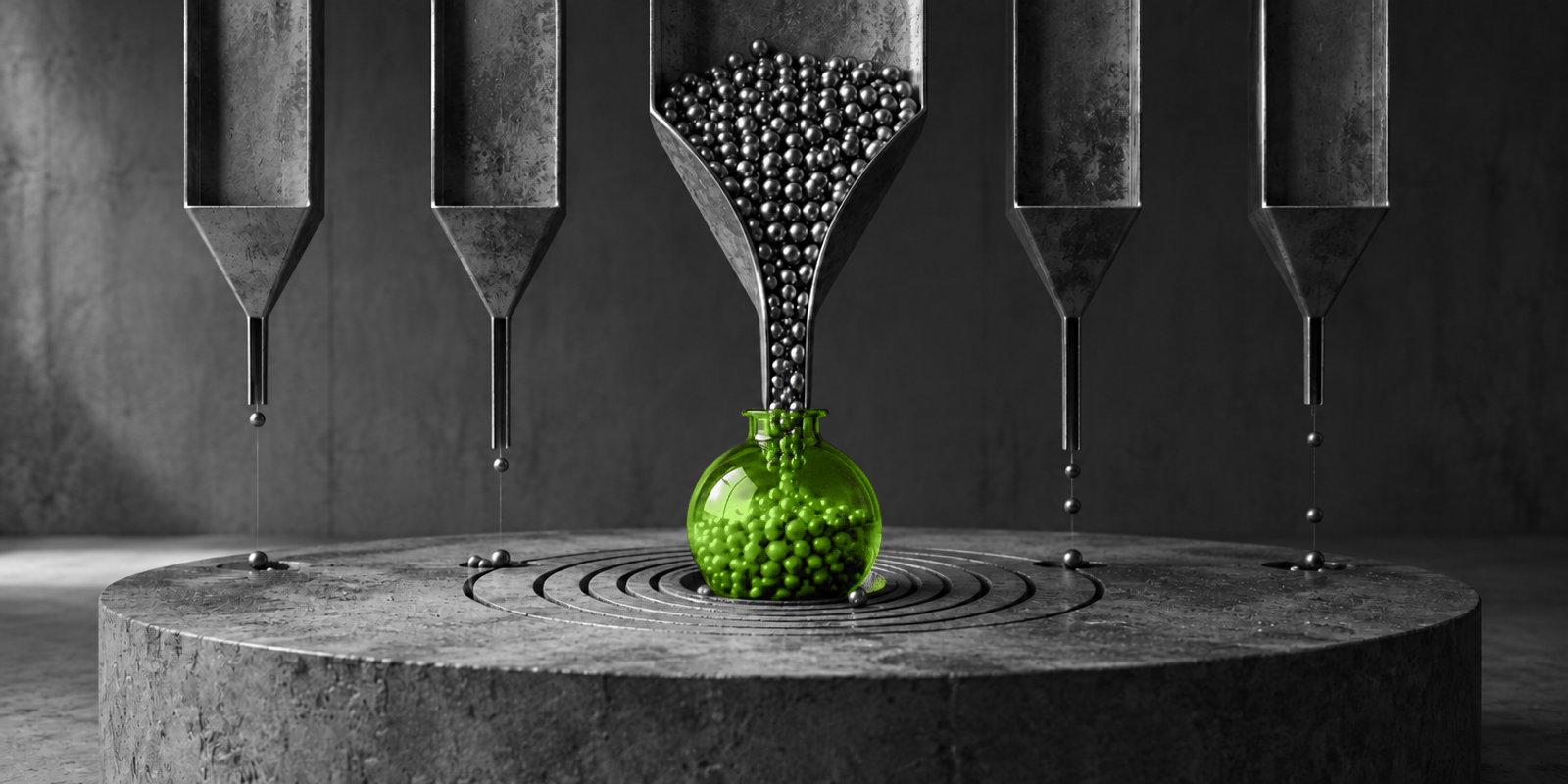 Fotografía conceptual en blanco y negro de cinco conductos metálicos abstractos que descargan esferas grises hacia un pequeño frasco de vidrio verde en el centro, colocado sobre una base de hormigón circular con anillos concéntricos grabados; el fondo es oscuro y la única nota de color es el recipiente verde.