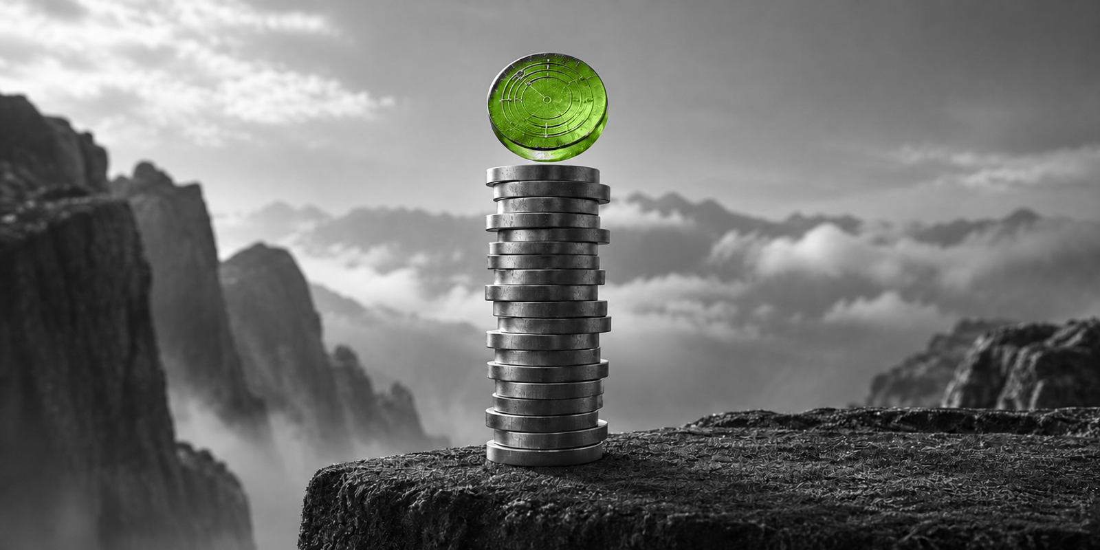 Fotografía conceptual en blanco y negro de una pila alta de fichas metálicas grises sobre una base rugosa oscura, con un único token circular de vidrio verde suspendido arriba como foco principal, en un paisaje montañoso nublado de fondo.