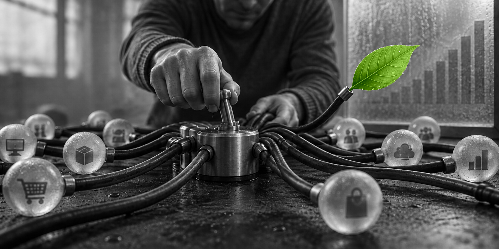 Fotografía conceptual en blanco y negro de un adulto anónimo, vestido de gris, inclinado sobre una mesa y girando con una mano una pequeña palanca metálica mientras con la otra sujeta un manojo de cables; de uno de los cables emerge una sola hoja verde natural, muy nítida, como foco visual y símbolo de una red de aplicaciones y costes crecientes.