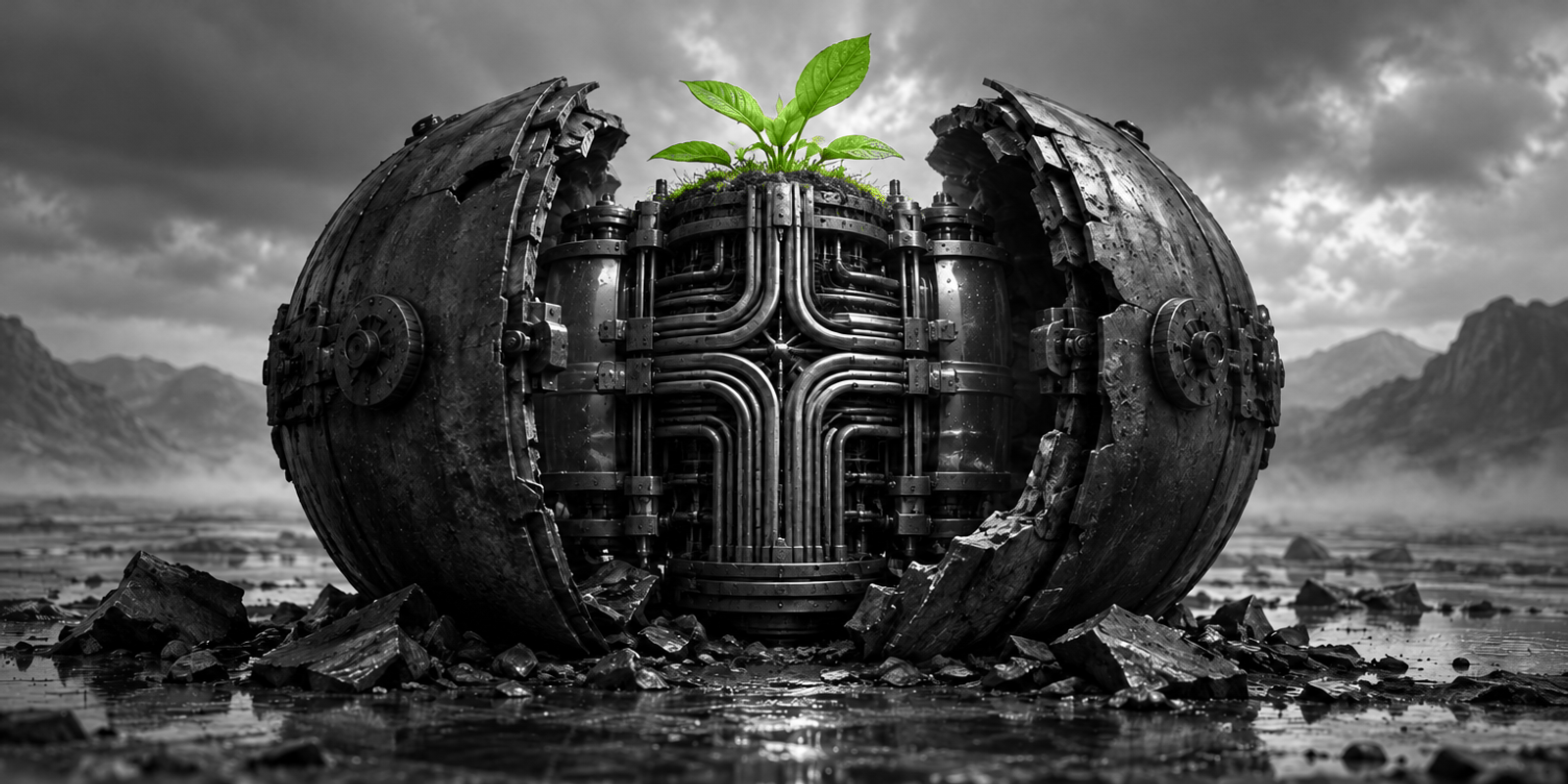 Fotografía conceptual en blanco y negro de una gran esfera mecánica de acero oxidado, abierta por los lados y mostrando un núcleo central de tuberías y canales técnicos, con una pequeña planta verde viva brotando desde arriba como único color de la escena.