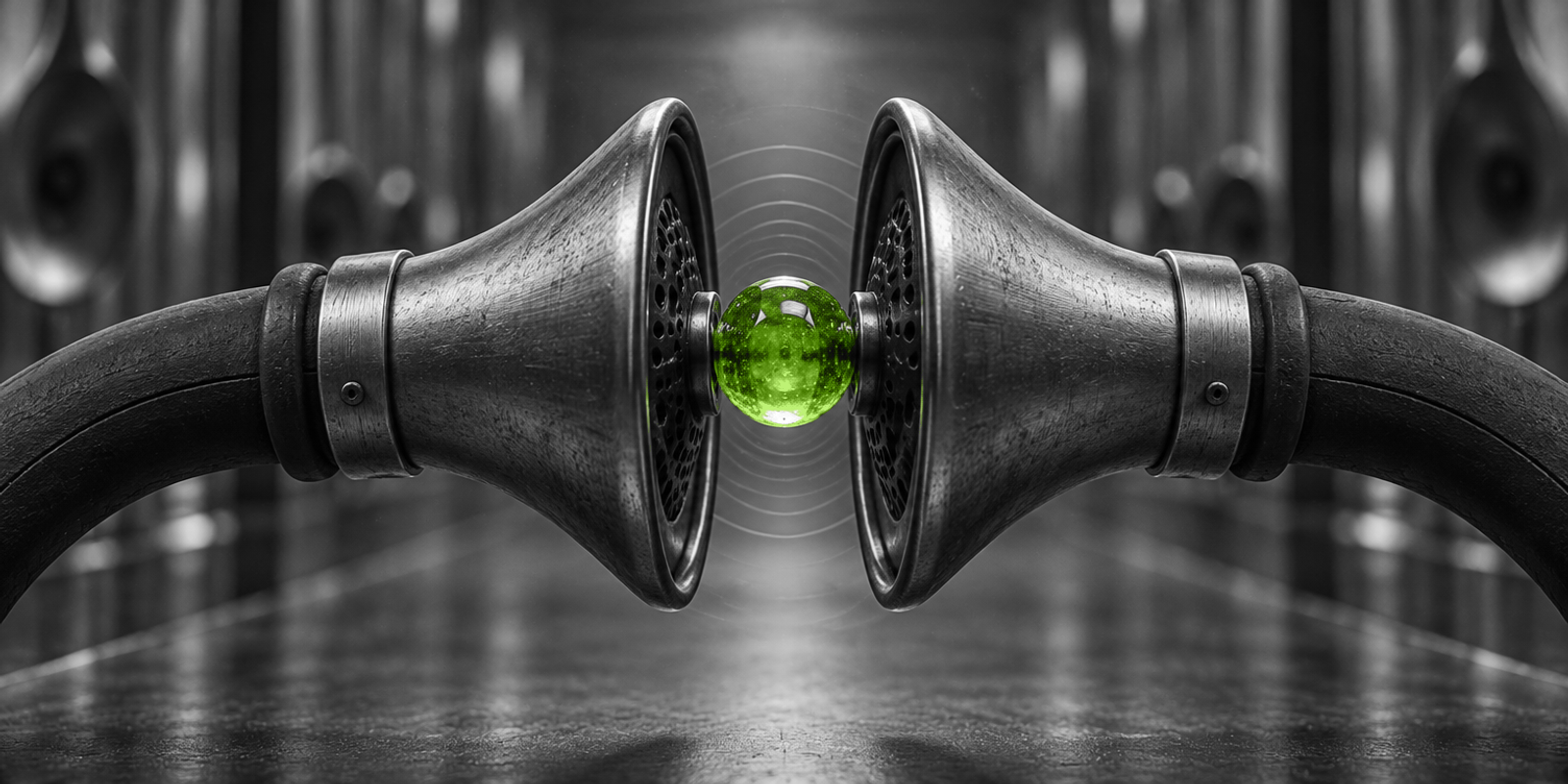 Fotografía conceptual en blanco y negro de dos bocas de tubo metálicas enfrentadas en simetría, con una pequeña esfera de vidrio verde en el centro como único elemento de color. La escena transmite una transferencia de voz casi instantánea mediante metal cepillado, goma mate y un sutil patrón de ondas concéntricas alrededor del punto focal.