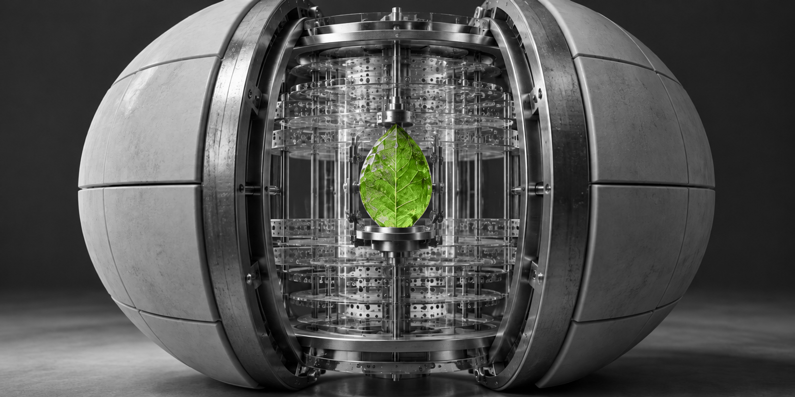 Fotografía conceptual en blanco y negro de una cámara-vault mecánica abierta, con carcasa de acero cepillado, paneles cerámicos mate y una cámara interior de vidrio translúcido; en el centro destaca un pequeño fragmento verde con textura de hoja como único color.