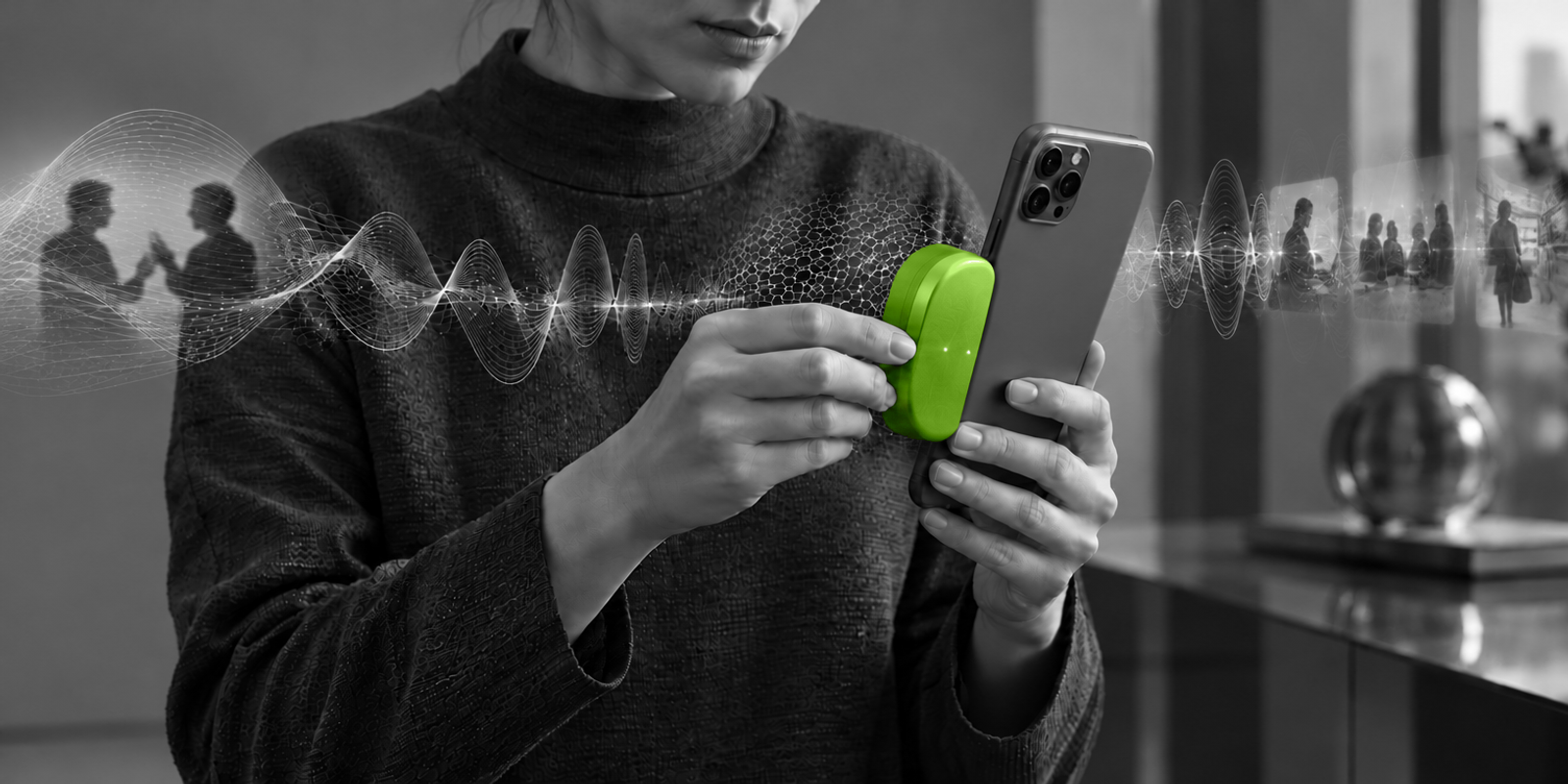 Fotografía conceptual en blanco y negro de un adulto anónimo, visto de torso y manos, sujetando un teléfono móvil gris mientras coloca o ajusta un pequeño dispositivo magnético verde brillante en su lateral. El gesto es preciso y táctil; el sujeto viste ropa gris oscura con textura tejida, y una onda gráfica sutil en escala de grises cruza la escena sobre un fondo interior desenfocado.