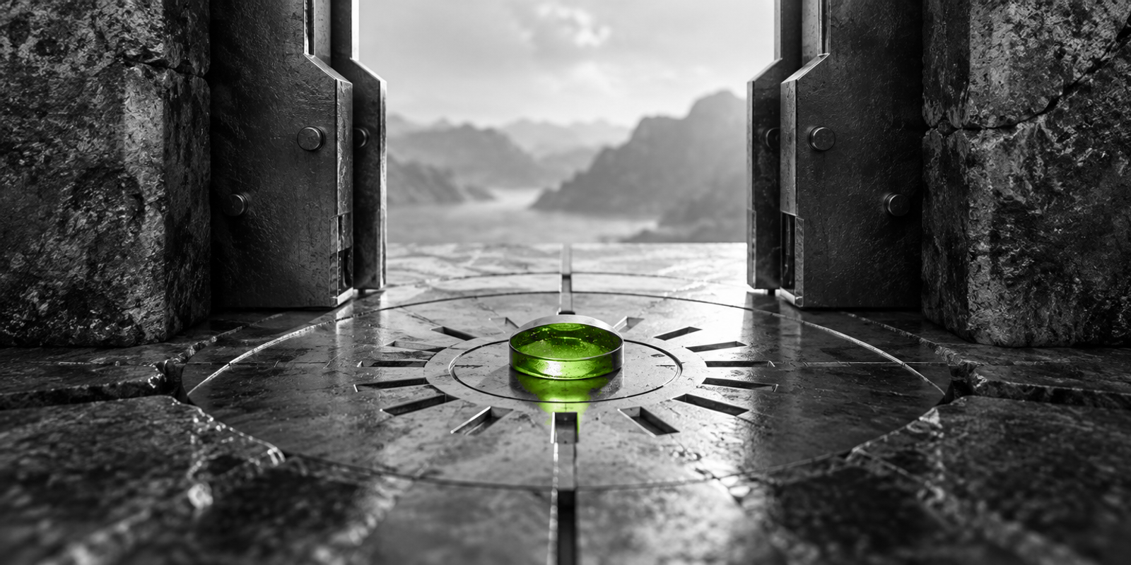 Fotografía editorial surreal en blanco y negro de una compuerta mecánica abierta entre piedra y metal, con una única lente o disco de cristal verde en el centro como foco semántico, rodeada de un anillo de ranuras y marcas radiales.