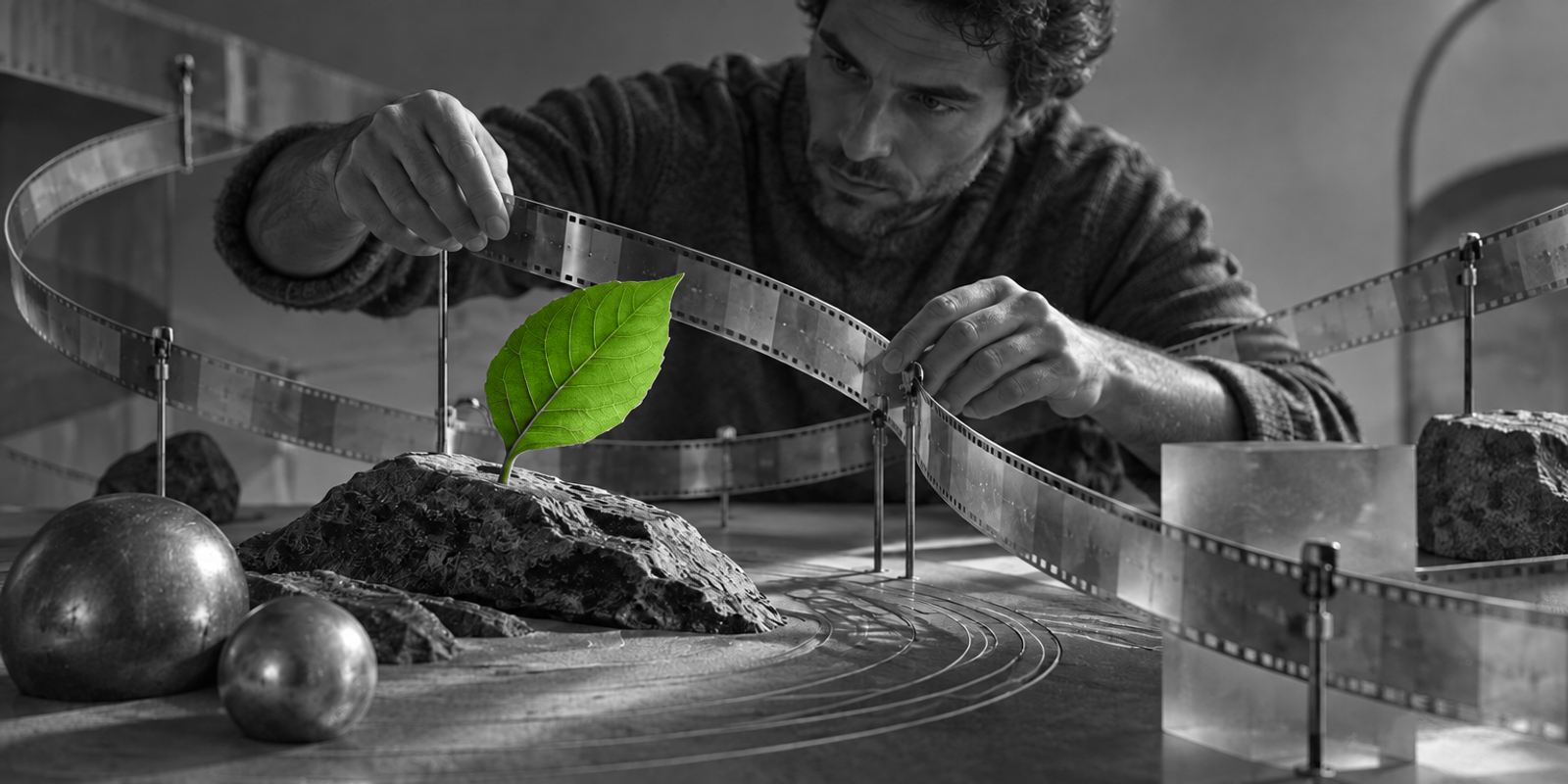 Fotografía surreal en blanco y negro de un adulto anónimo, completamente gris, inclinado hacia delante mientras con ambas manos reajusta una cinta de película curvada sobre una maqueta abstracta; en el centro destaca una sola hoja verde natural, insertada físicamente en una roca, como objeto añadido y punto focal del cambio de encuadre.