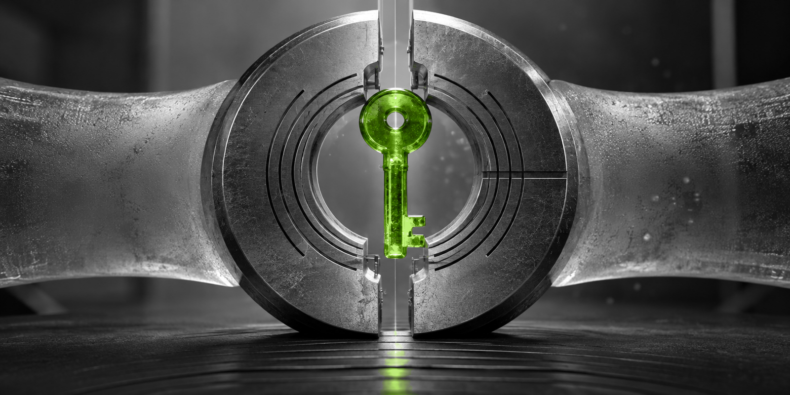 Llave de vidrio verde translúcido en el centro, encajada en un anillo de archivo agrietado de metal cepillado, con fondo en blanco y negro y detalles de vidrio esmerilado, goma mate, polvo y ranuras concéntricas.