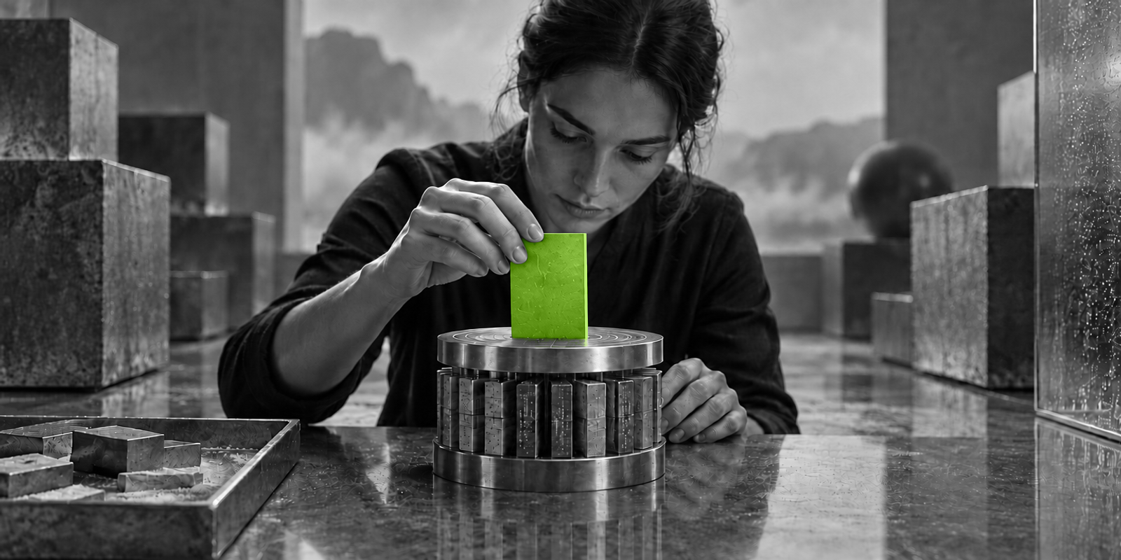 Fotografía conceptual en blanco y negro de una adulta anónima, completamente gris, inclinada sobre una mesa y sujetando con cuidado una tarjeta rectangular verde brillante mientras la inserta en un cilindro metálico de memoria con anillos grabados; alrededor hay bloques grises de piedra y una superficie de vidrio o metal con textura, en una escena editorial sobria y surrealista.
