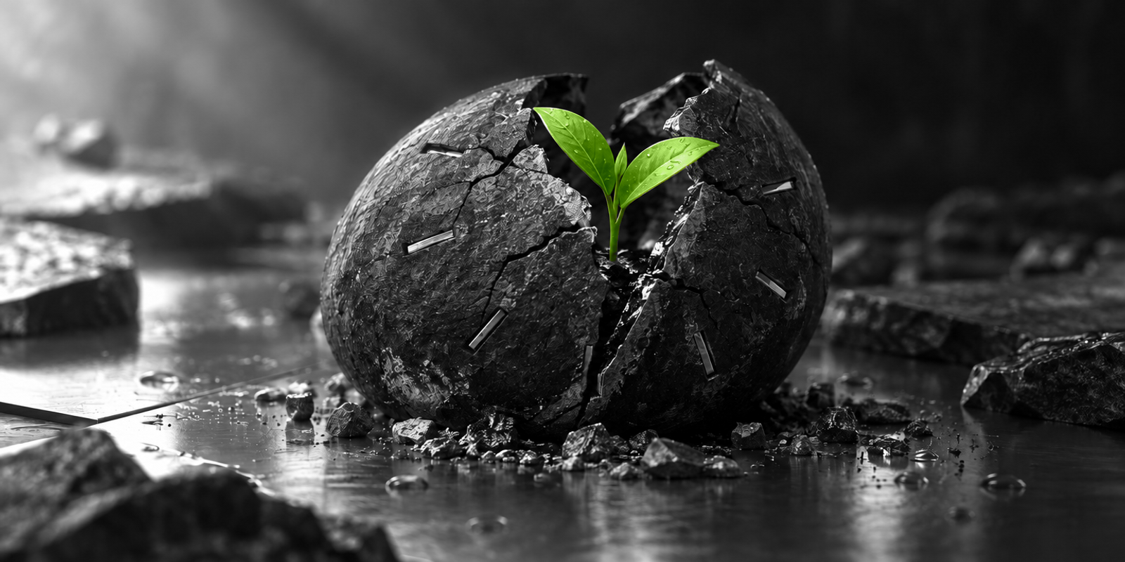 Fotografía conceptual en blanco y negro de una cápsula esférica de piedra oscura, agrietada y abierta, de la que emerge un pequeño brote verde en el centro; la escena tiene textura rugosa, brillo húmedo en las grietas y marcas grabadas sutiles alrededor, sobre una superficie metálica reflejante con fragmentos de roca.